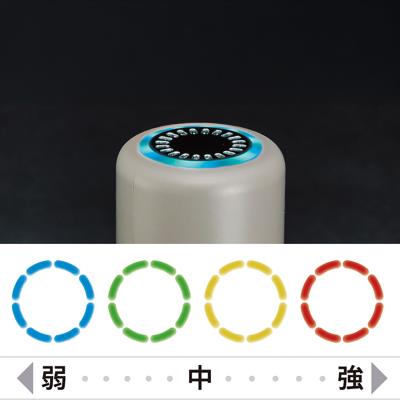 DOCTORAIR エクサガンLUXE ブラックの本体上部をクローズアップし、振動レベルを色で示すLED表示と弱・中・強の強度変化を確認できる構成