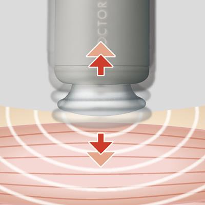 DOCTORAIR エクサガンLUXE ブラックの振動機能を示す使用説明。アタッチメントが上下に振動して身体へ刺激を与える動きを表した構成