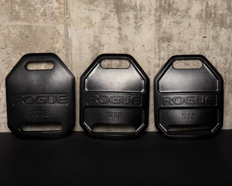 ROGUE エコーウェイトベストプレート ブラックの20LB・10LB・5LBモデルを正面から並べ、上下のキャリーハンドルと重量ごとの外形を確認できる構成