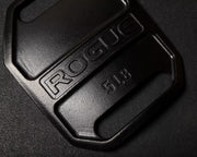 ROGUE エコーウェイトベストプレート ブラックの5LBモデルを斜め上方から接写し、ROGUEロゴ、重量表示、下部ハンドルと表面仕上げを確認できる構成