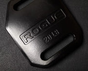 ROGUE エコーウェイトベストプレート ブラックの20LBモデルを斜め上から接写し、ROGUEロゴ、重量刻印、下部キャリーハンドルと塗装面を確認できる構成