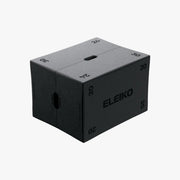 ELEIKO ハイブリッド プライオボックス グレー 正面右前方を見下ろした斜め上からの外観。天面の持ち手と30・24・20インチ表記、側面ロゴを確認できるコンディショニング用ボックス