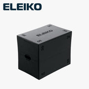 ELEIKO ハイブリッド プライオボックス グレー 正面左前方を見下ろした斜め上からの外観。30・24・20インチの高さ表示とロゴ、持ち手を確認できるコンディショニング用ボックス
