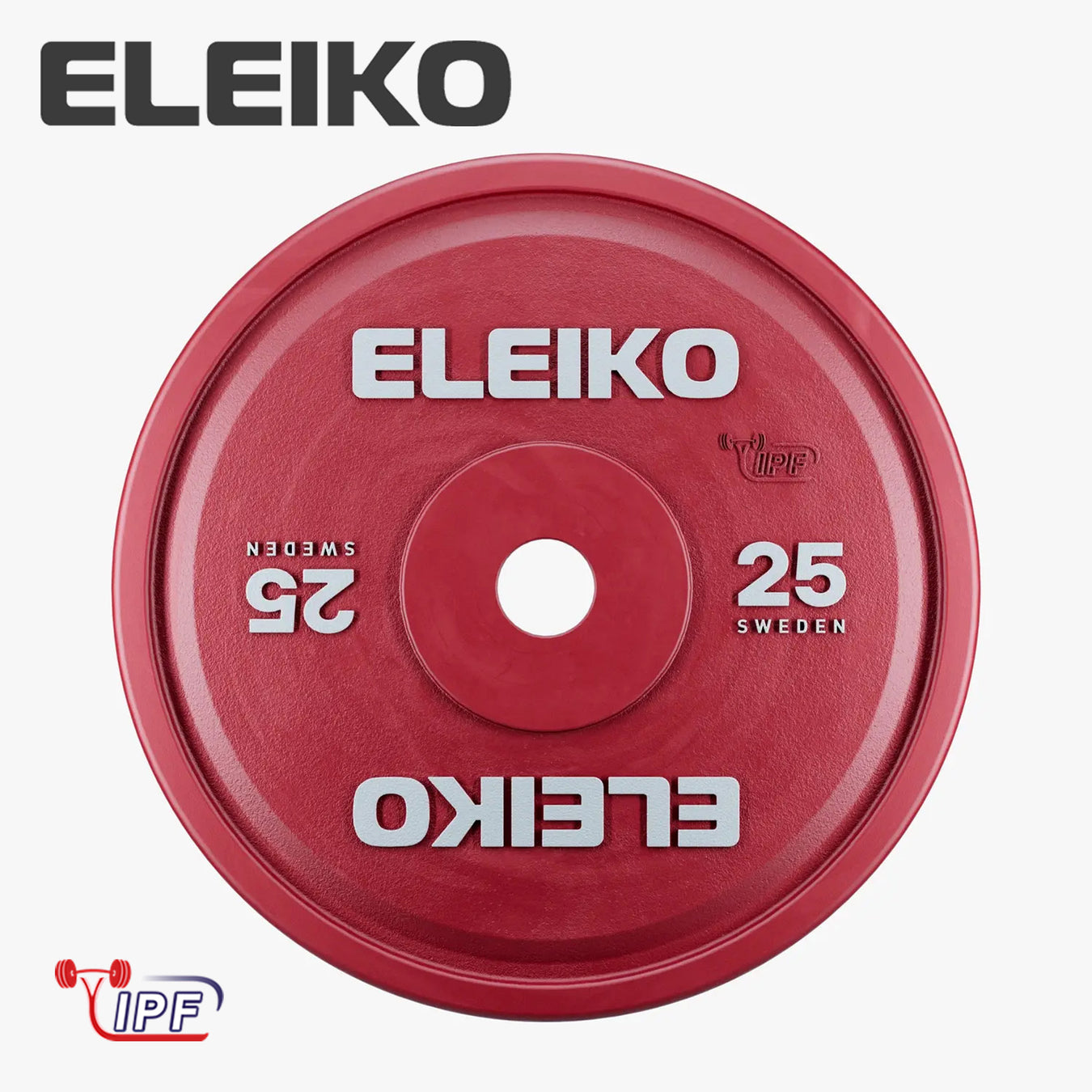 ELEIKO 新型パワーリフティングコンペティションプレート IPF公認品 赤 正面から捉えた25kgウェイトプレート中央穴とELEIKOロゴ刻印、重量表示が確認できるフロントビュー
