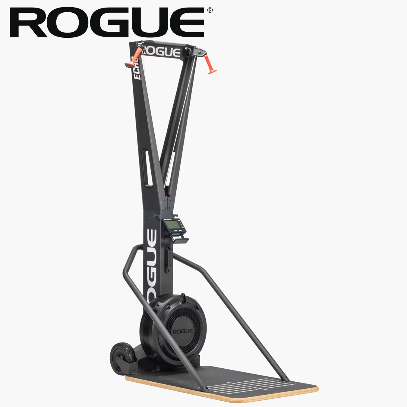 ROGUE エコースキー ブラックの正面上部ロゴ拡大ビュー、フレーム先端のブランドロゴとハンドル取付部を強調した構図