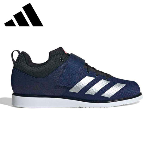 adidas パワーリフト 5 ダークブルー / シルバーメタリック / ルシッドレッドの外側面。ストラップと安定性に優れたソール構造を備えたスクワットシューズ