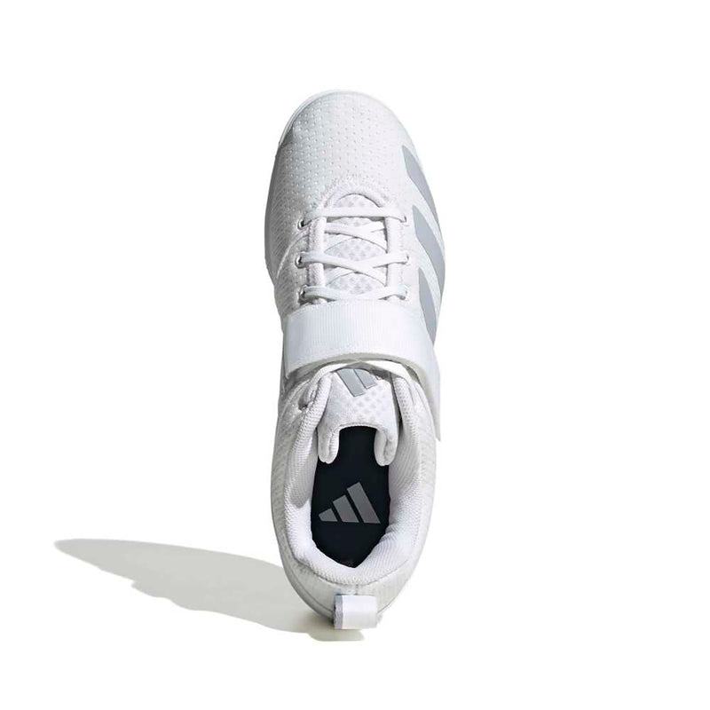 adidas パワーリフト5 フットウェアホワイト/ヘイローシルバー/コアブラックの真上ビュー。シューレース、ミッドフットストラップ、履き口の形状が確認できるウェイトリフティングシューズ