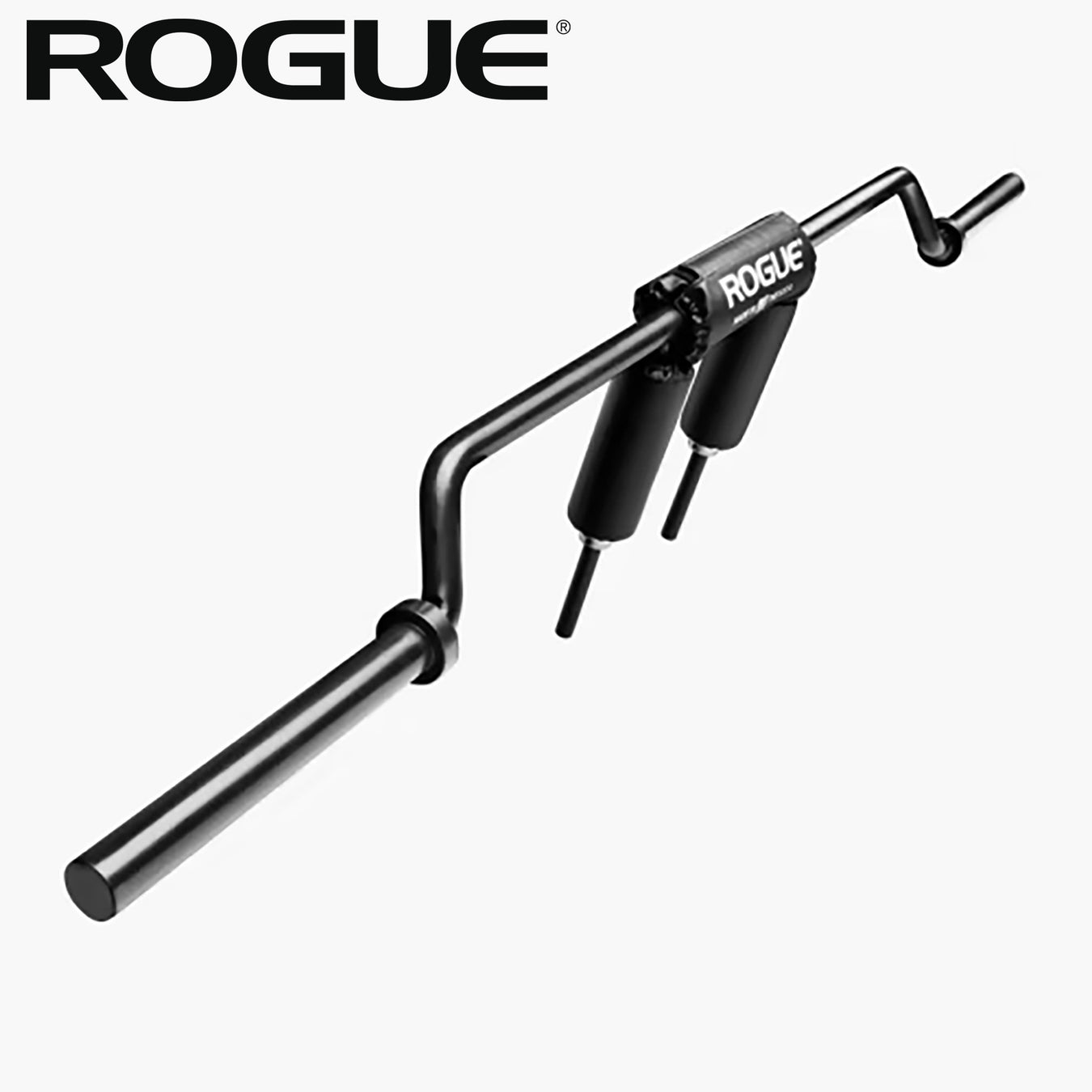 ROGUE SB-1 セーフティスクワットバー ブラックを斜め上から捉えた全体構造ビュー、湾曲シャフトとショルダーパッド配置が確認できる設計特徴