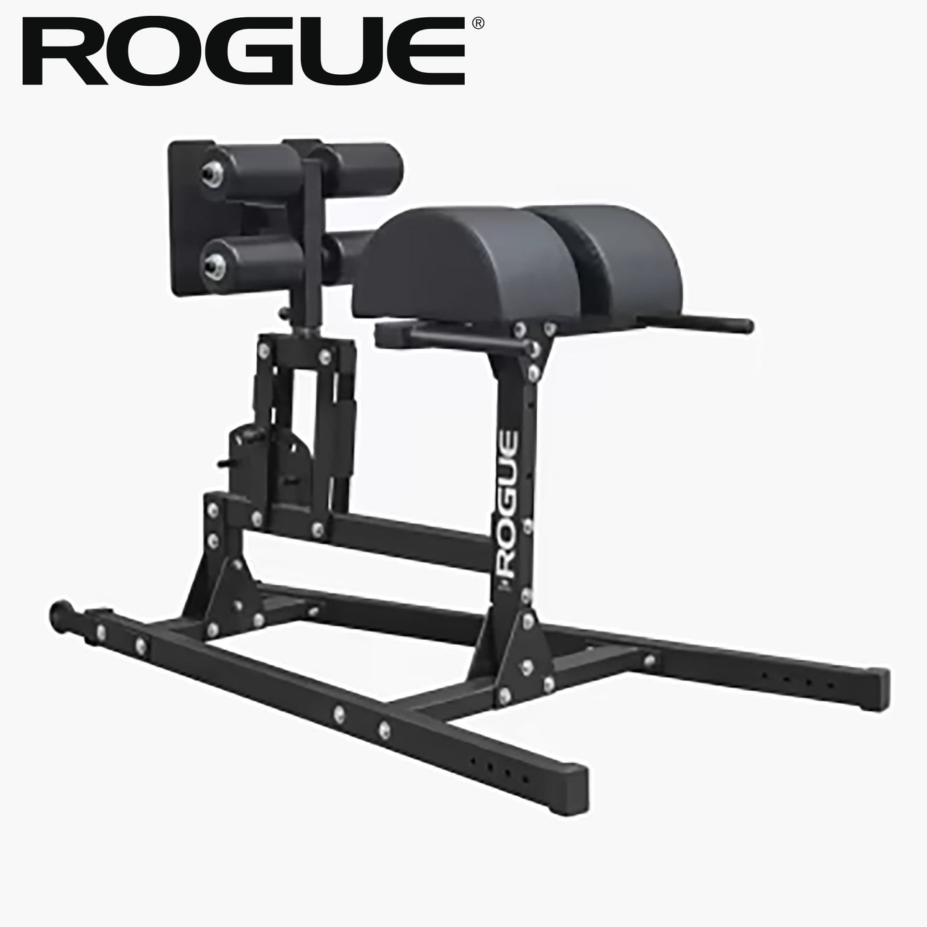 ROGUE アブラムGHD2.0 ブラックの正面斜め全体ビュー、フレーム構造とパッド配置が分かる角度から撮影された高剛性GHDベンチ