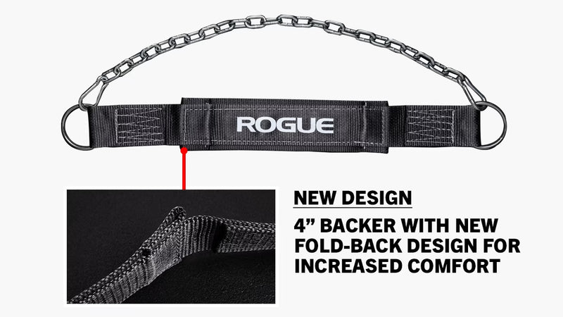 ROGUE ディップベルト ブラックの新型4インチ折り返しバックパッド構造を全体と拡大部で比較し、快適性向上を紹介する仕様説明デザイン