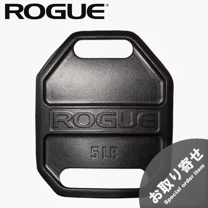 ROGUE エコーウェイトベストプレート ブラックの5LBモデルを正面から捉え、ROGUEロゴ、重量表示、上下の持ち手とお取り寄せ表示を確認できる構成