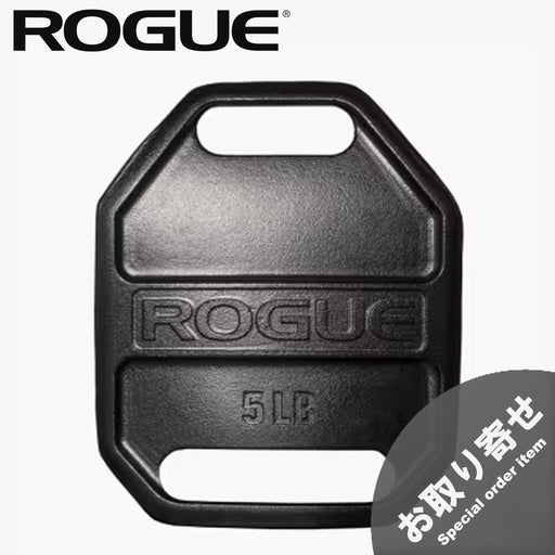 ROGUE エコーウェイトベストプレート ブラックの5LBモデルを正面から捉え、ROGUEロゴ、重量表示、上下の持ち手とお取り寄せ表示を確認できる構成