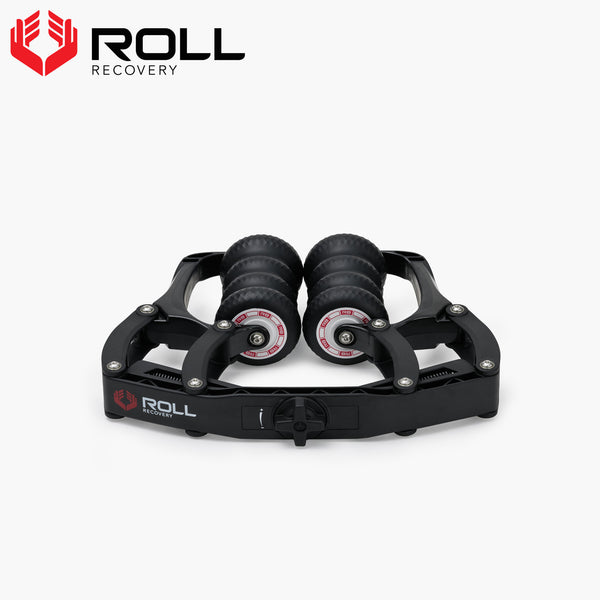 ROLL Recovery R8 プラス カーボンブラック 正面から全体を捉えた製品外観、圧力調整ダイヤルと8つのローラー形状が確認できるモビリティーツール