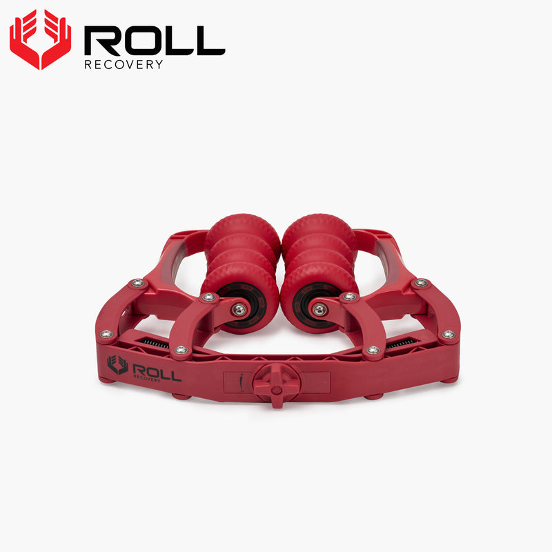 ROLL Recovery R8 プラス ラバレッド 正面から全体を捉えた製品外観、8つのローラーと調整ダイヤルを備えたセルフリカバリーツール