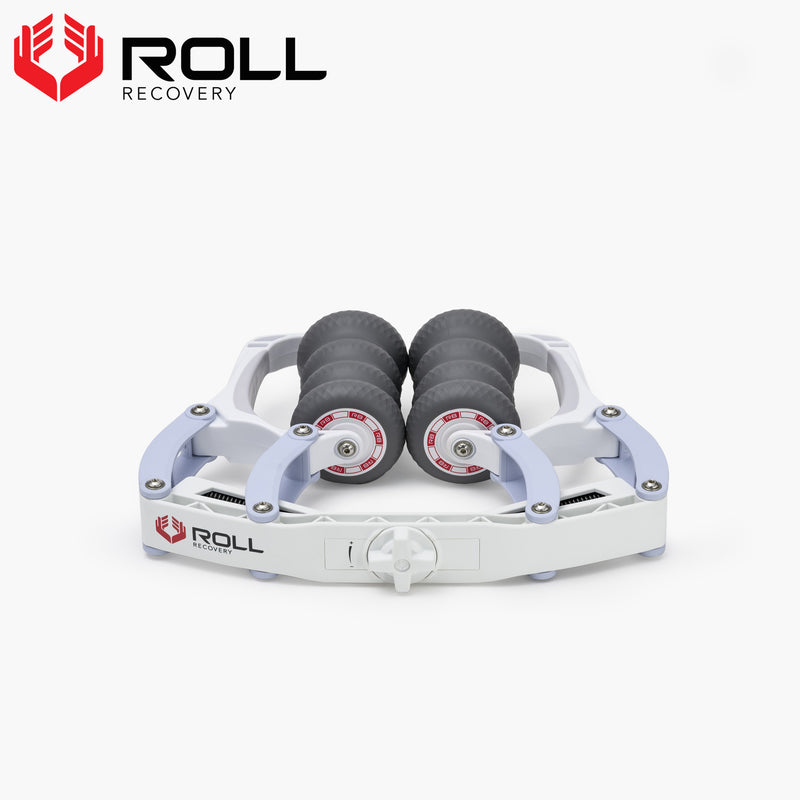 ROLL Recovery R8 プラス アルパインホワイト 正面から全体を捉えた製品外観、フレーム構造と圧力調整機構が分かるモビリティーツール