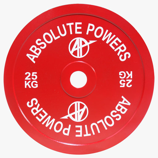 ABSOLUTE POWERS パワーリフティングプレート 25kgを正面から捉えた構図。レッドカラーの外周と白文字ロゴ、中央ホール周辺の仕上げが分かる視点。
