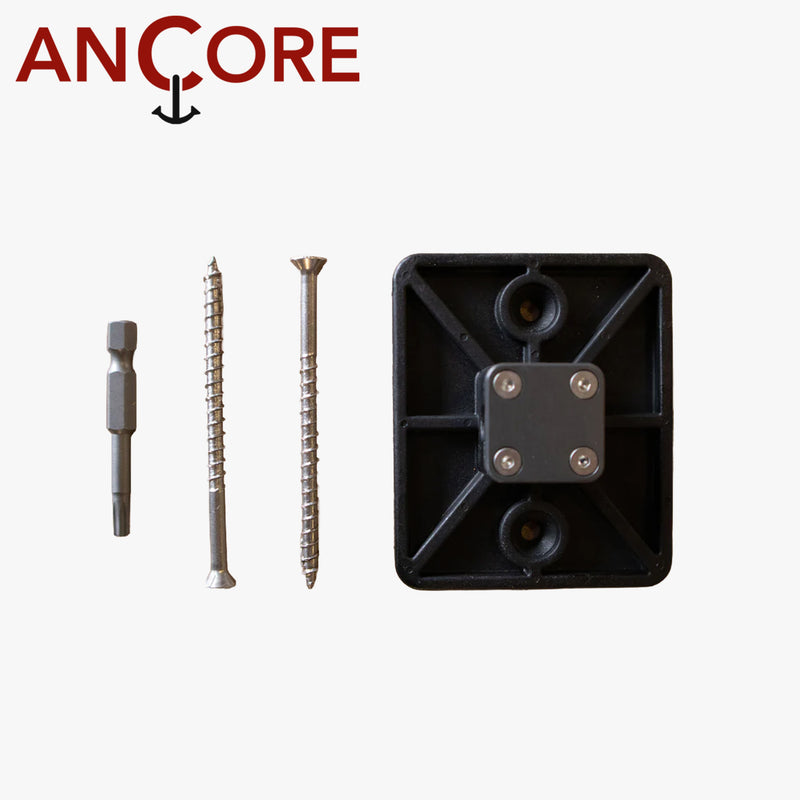 ANCORE ウォールマウント ブラックカラー本体と付属ビット・固定用ネジを正面から撮影した取り付けアクセサリー構成