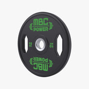 MBC ウレタングリッププレート 10kgを正面から撮影。ブラックのウレタンにグリーン表記を採用し、グリップホールと中央ハブがはっきり分かる構図。
