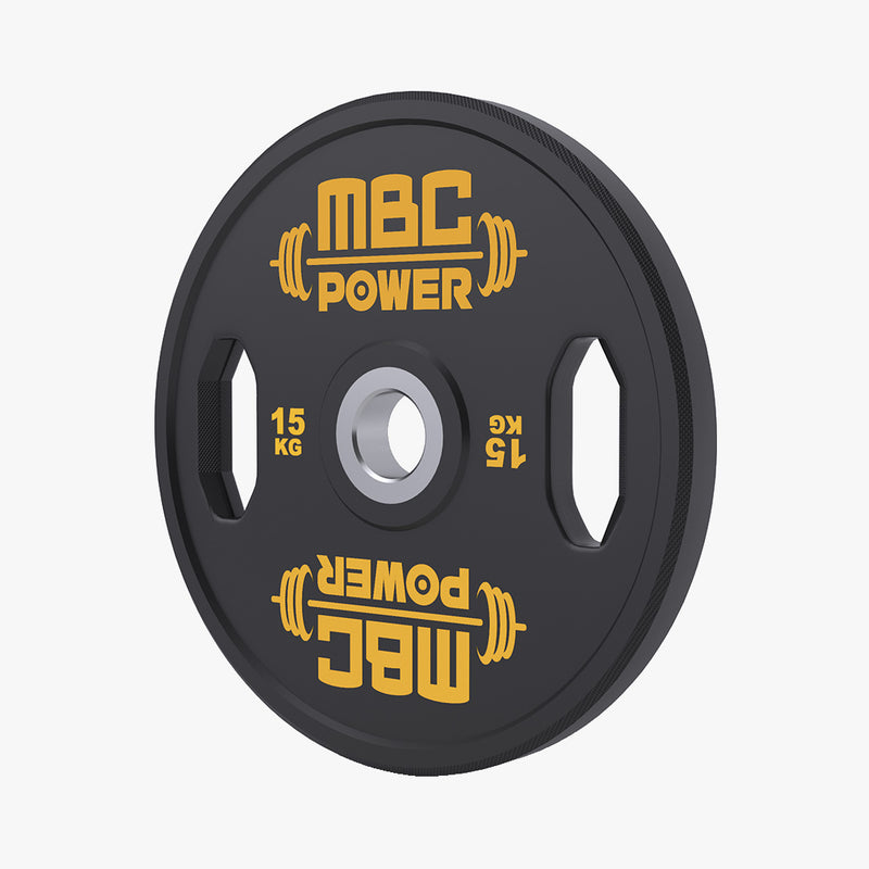 MBC ウレタングリッププレート 15kgを正面視点で掲載。ブラックボディにイエロー表記を配し、重量識別と持ち手形状が確認できる構図。