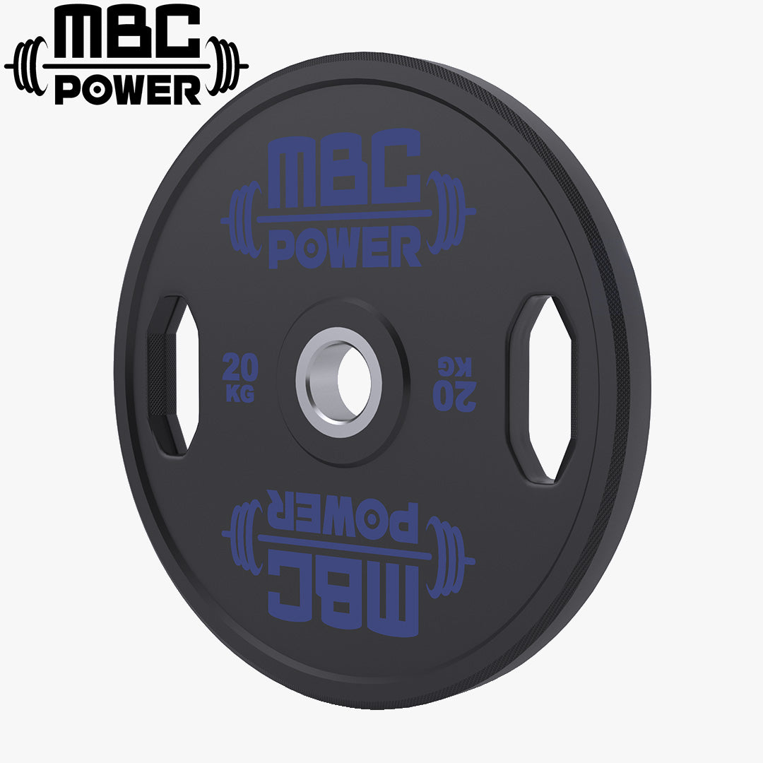 MBC ウレタングリッププレート 20kgのロゴ強調カット。ブラックのウレタン表面にブルーロゴを配し、ブランド表記と重量表示が分かる正面視点。
