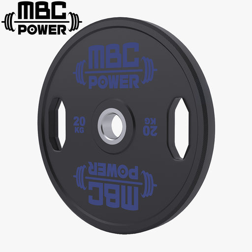 MBC ウレタングリッププレート 20kgのロゴ強調カット。ブラックのウレタン表面にブルーロゴを配し、ブランド表記と重量表示が分かる正面視点。
