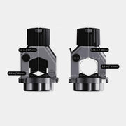 Adaptive Bar Mount シルバーカラーの正面寸法図、バー径対応範囲と本体高さ・開口部サイズを示したアタッチメント仕様詳細