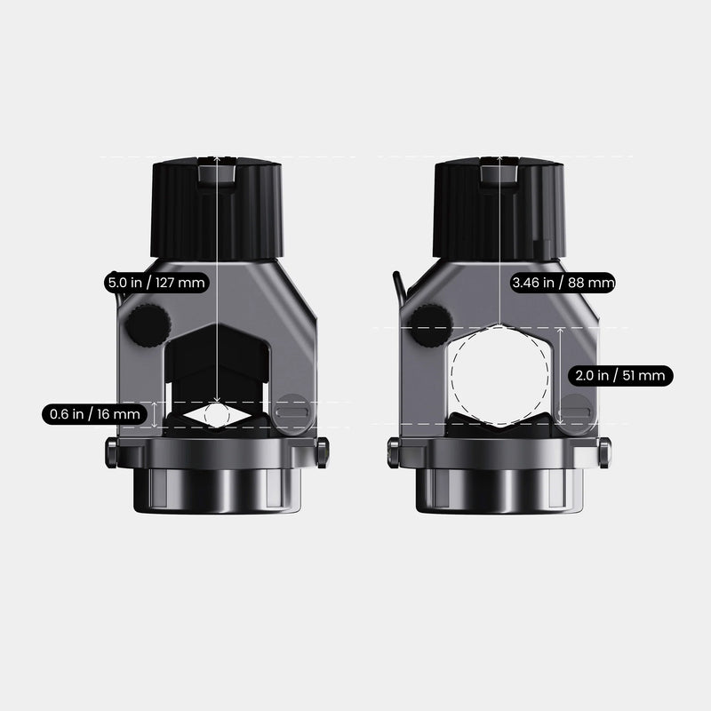 Adaptive Bar Mount シルバーカラーの正面寸法図、バー径対応範囲と本体高さ・開口部サイズを示したアタッチメント仕様詳細